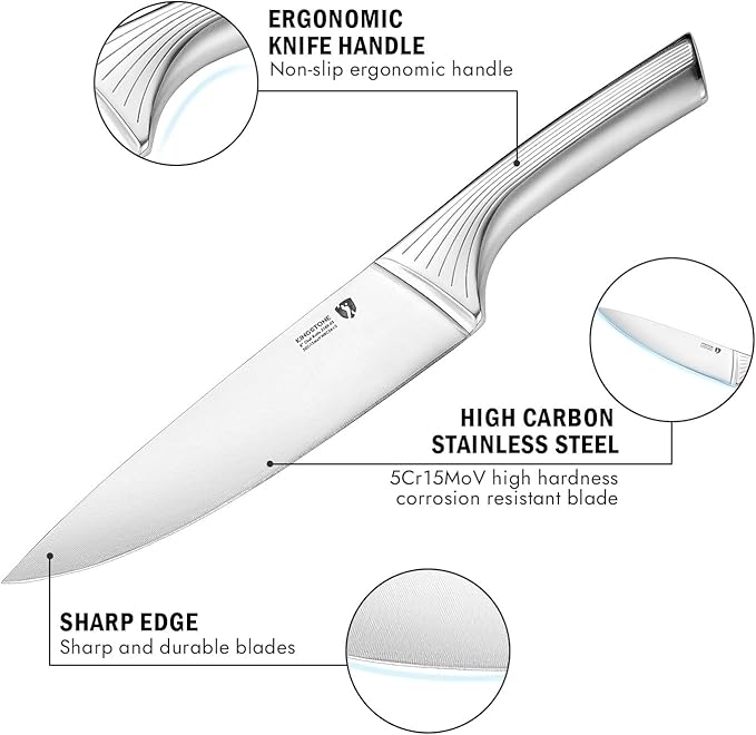 KINGSTONE Kitchen Knife Set with Block,14 Pcs German Stainless Steel Knife Set with Built-in Sharpener, Dishwasher Safe Knife Block Set (White, 14pcs)