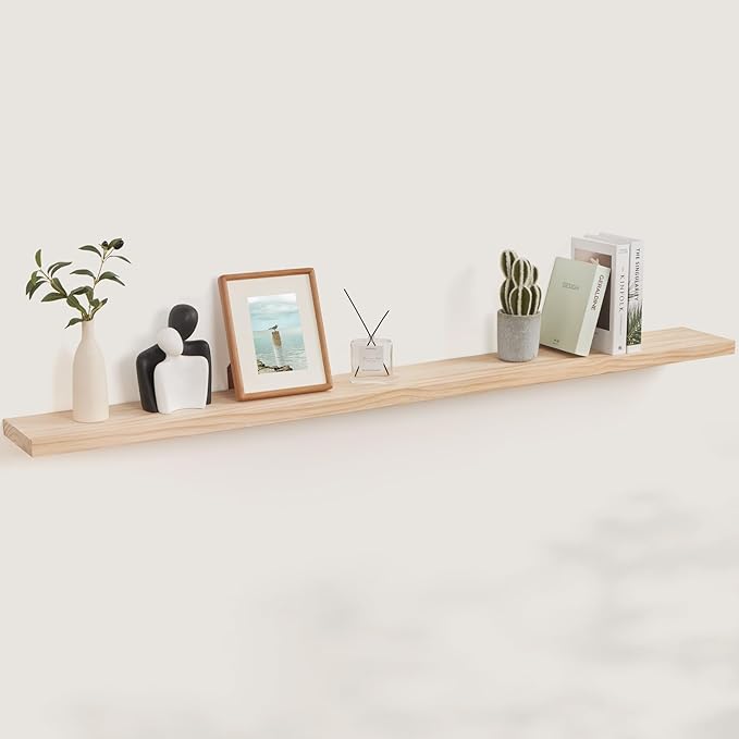 Fun Memories Floating Shelves 72 Inches Long - 8 Inch Deep Rustic Solid Pine Wood for Storage - Farmhouse Wall Mounted for Living Room - Heavy-Duty Metal Bracket - 72" W x 8" D - Natural Unfinished