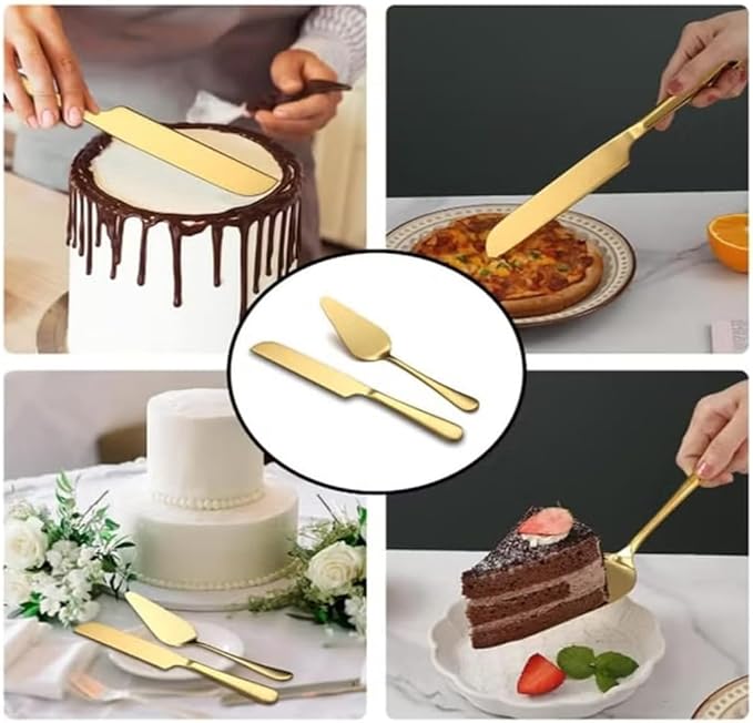 Pie Server and Cake Server Stainless Steel Set - Serrated Spatula with Elegant Ergonomic Handles for Cutting and Serving Desserts, Brownies, Lasagna (Gold)