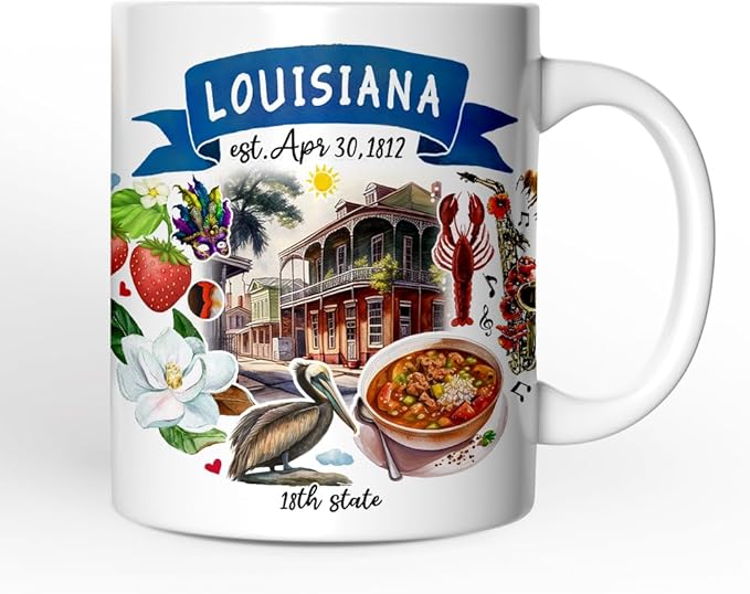 OrnamentallyYou State Travel Landmark Mugs – 12 oz Ceramic Coffee Cups, U.S. Souvenir Gift for Tourists (Artistic Louisiana State Themes and Landmarks Mug)