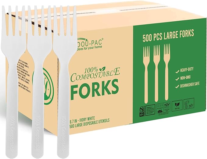Compostable Forks 500 Count, 7 In Large Disposable Biodegradable Flatware, Eco Friendly Durable Heat Resistant Cutlery Eating Utensils Silverware Alternative to Plastic Forks, BPI Certified