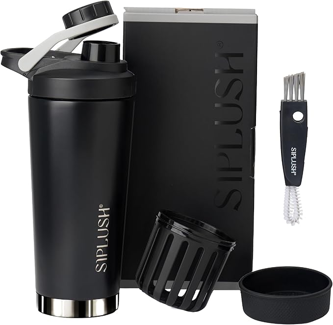 Paradise Shaker Bottle, 24 oz Insulated Stainless Steel Protein Shaker with Lid Brush & Protective Boot, Leakproof Twist-Off Cap, Onyx Silver with Mirror-Finish Bottom, Hollywood Noir