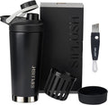 Paradise Shaker Bottle, 24 oz Insulated Stainless Steel Protein Shaker with Lid Brush & Protective Boot, Leakproof Twist-Off Cap, Onyx Silver with Mirror-Finish Bottom, Hollywood Noir