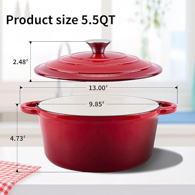Enameled Cast Iron Dutch Oven Pot with Lid Heavy-Duty Cookware for Bread Baking,Braising,Stews,Roasting,Oven Safe up to 500°F,5.5QT,red