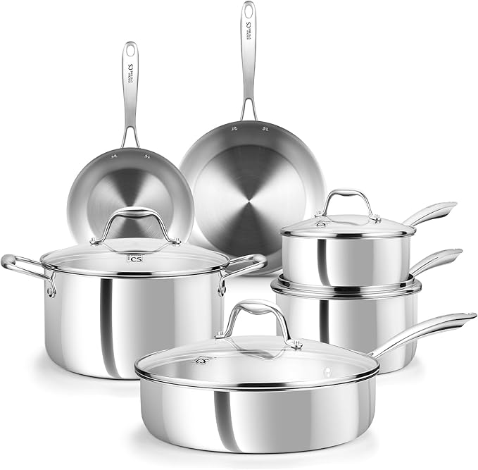 KOCH SYSTEME CS Tri-Ply Stainless Steel Cookware Set 10 Piece, Professional 18/10 Stianless Steel Pots and Pans Set, Oven & Induction Safe, Non-Toxic Kitchen Cookware Set for Family Cooking, 10pcs