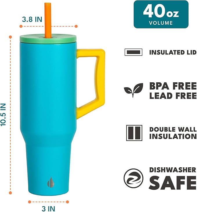 Elemental 40 oz Tumbler with Handle and Straw - Spill Proof Insulated Stainless Steel Commuter for Hot and Cold Beverages - Travel Coffee Mug with 2 Straws & Spill Proof Lid - 40oz- Blue Lagoon
