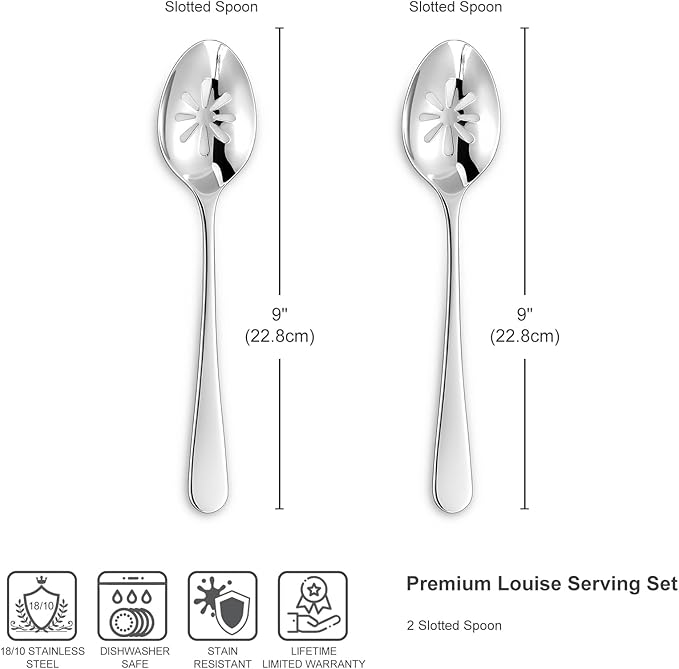 KEAWELL Premium Louise 9" Serving Spoon Set – 18/10 Stainless Steel - Uniting Elegance and Durability - Exquisite Serving Utensils for Parties (Slotted Spoon)