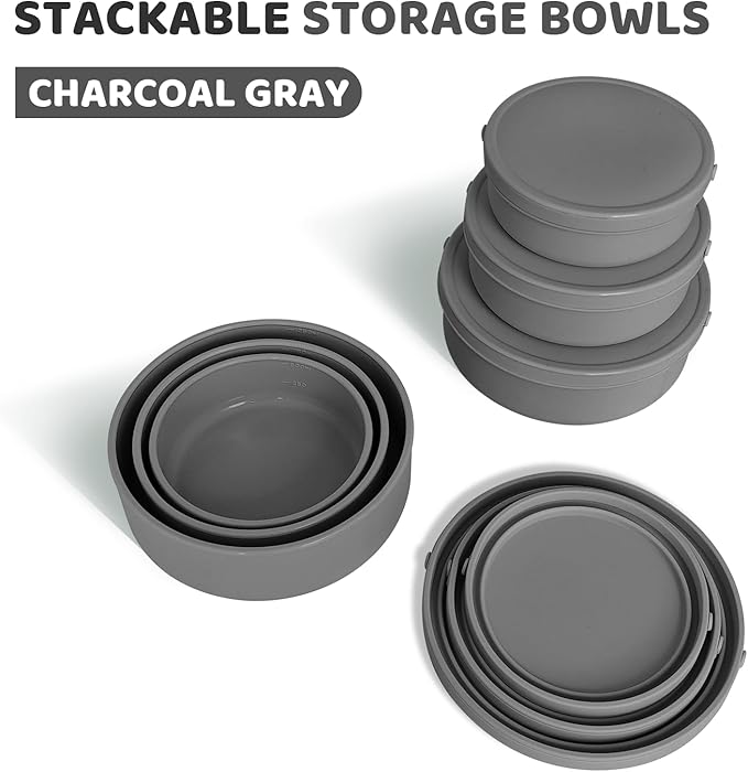 Silicone Food Storage Containers Bowl, Set of 3 Reusable Silicone Bento Lunch Box Containers with Lids (17oz, 25oz, 42oz) Dishwasher, Microwave and Freezer Safe Charcoal Gray