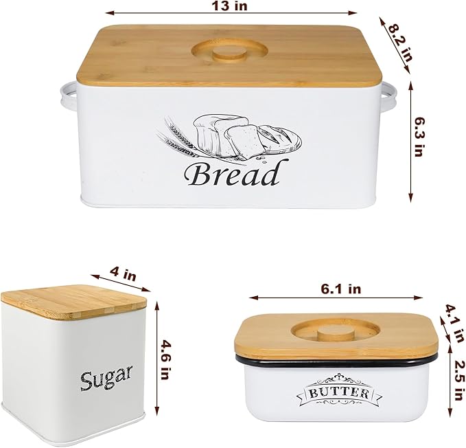 SOTECH Bread Box with 3pcs Jars Coffee Sugar Tea for Kitchen Countertop White Metal Bread Box with Bamboo Board Cover Pastry Storage Container Set Kitchen decor (bread box with jars and Butter Dish)