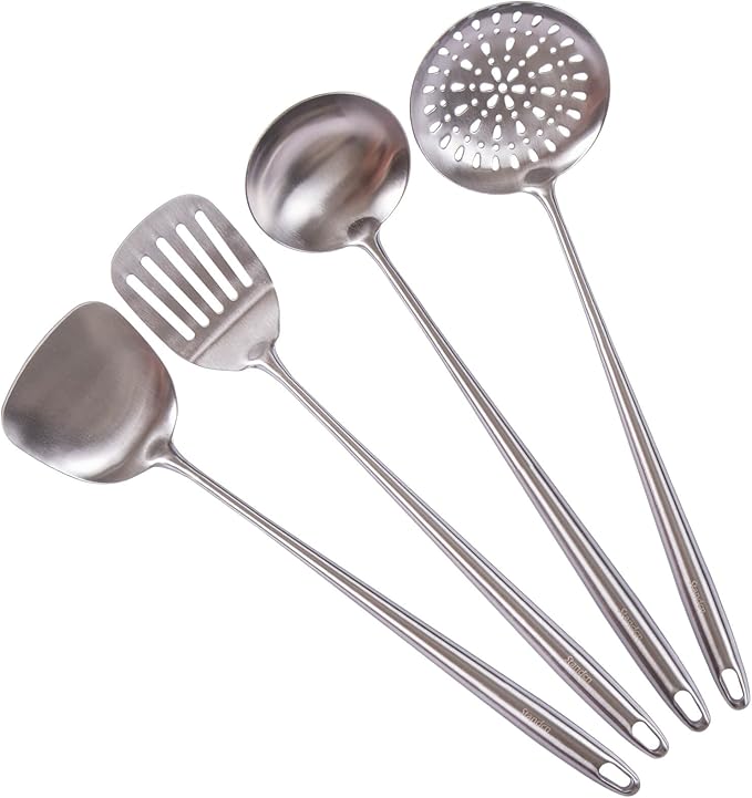 17” Wok Spatula and Ladle, Skimmer Spoon, Slotted Spatula - 304 Stainless Steel Kitchen Utensils Set, 4-Pieces Extra Long Handle Cooking Tools, All Metal Chinese Wok Utensils and Wok Accessories