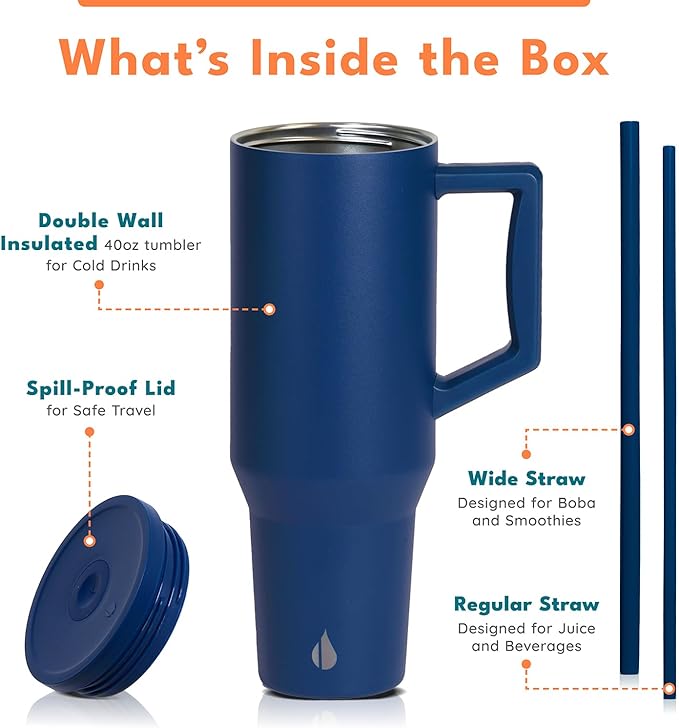 Elemental 40 oz Tumbler with Handle and Straw - Spill Proof Insulated Stainless Steel Commuter for Hot and Cold Beverages - Travel Coffee Mug with 2 Straws & Spill Proof Lid - 40oz - Navy Blue