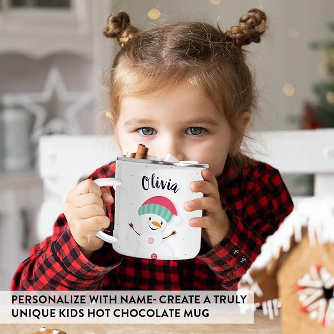 Andaz Press Personalized Name 11oz. Kids Christmas Hot Chocolate Stainless Steel Campfire Coffee Mug, Charming Snowman Pink Aqua Hat Hello, 1-Pack, Custom Birthday Xmas Cup Kids Hot Chocolate Mug
