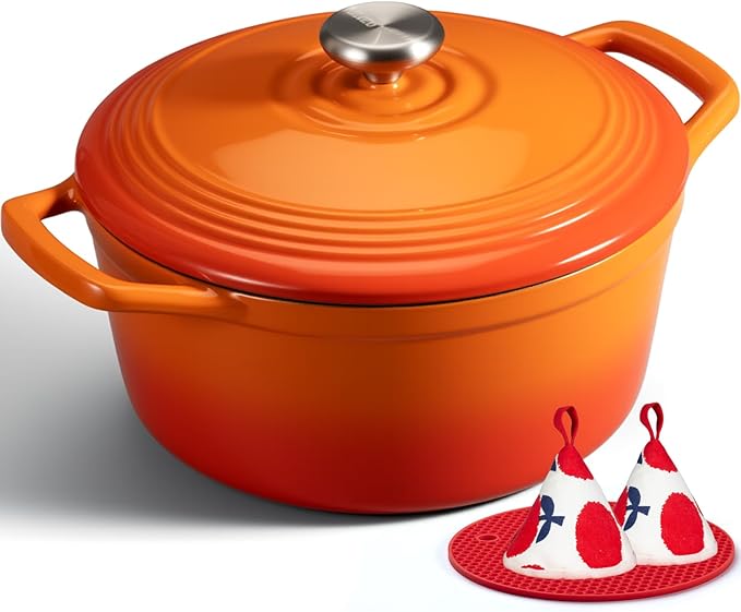 Overmont Refined Enameled Cast Iron Dutch Oven - 5.5QT Pot with Wide Handles Lid Cookbook & Cotton Potholders - Heavy-Duty Pre-Seasoned Cookware Oven Safe to 500°F for Braising, Stews, Roasting, Bread Baking