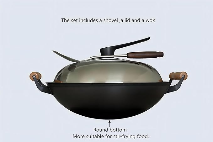 Chinese woks with a lid and a Spatula stir-fry pans deep fryer Cast Iron 16 Inches round bottom pot Uncoated for Open Fire not easy to rust not easy to stick and durable for about 1-8 people