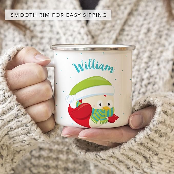 Andaz Press Personalized Name 11oz. Kids Christmas Hot Chocolate Stainless Steel Campfire Coffee Mug, Festive Red Owl Blue Green Scarf, 1-Pack, Custom Child’s Birthday Xmas Cup