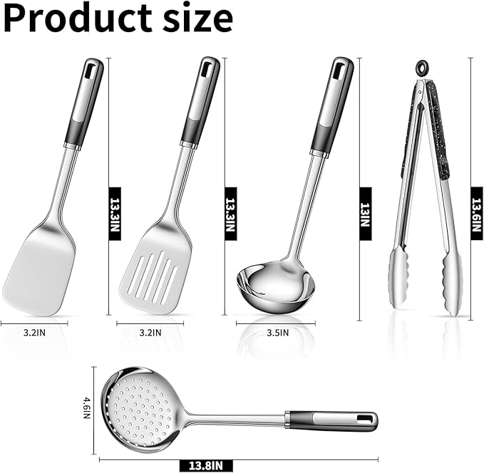 5-Piece Stainless Cooking Utensils,Heavy-Duty Thickened Cooking Utensils,Kitchen Tools Include Solid & Slotted Spatula,Soup Ladle,Egg Whisk,Tongs,Skimmers
