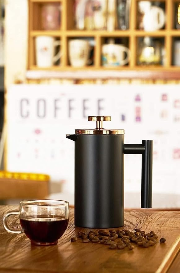 Miuly 12oz French Press for One Person, Small Coffee Press 350ml with 2 Filter Mesh, Double Wall Insulated French Press for Travel, Black