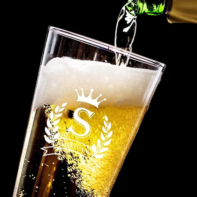 Custom Personalized Set of 4 Beer Glasses w/Grey Slate Coaster, Engraved Pint Glasses for Beer and Soda, Personalized Bar Coasters (4"x4") for Him