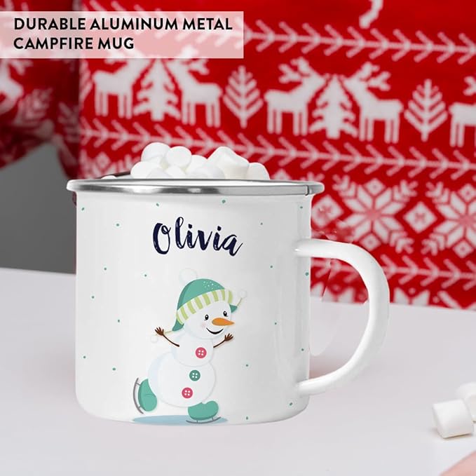 Andaz Press Personalized Name 11oz. Kids Christmas Hot Chocolate Stainless Steel Campfire Coffee Mug, Charming Snowman Aqua Ice Skates, 1-Pack, Custom Birthday Xmas Cup Kids Hot Chocolate Mug