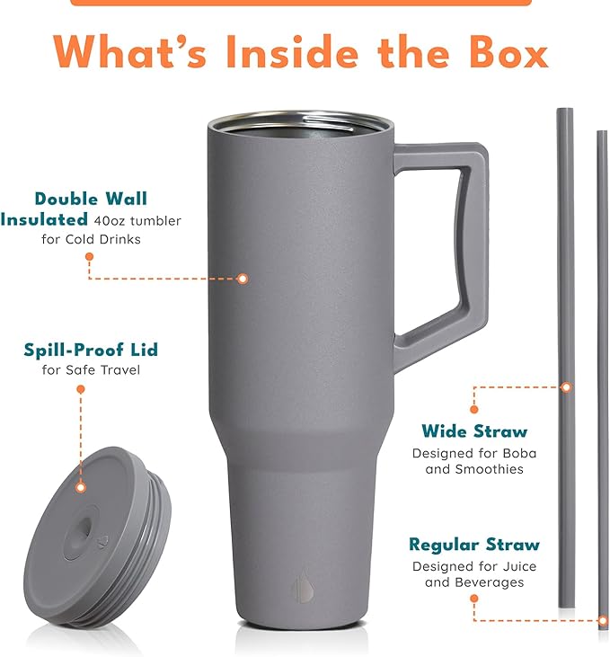 Elemental 40 oz Tumbler with Handle and Straw - Spill Proof Insulated Stainless Steel Commuter for Hot and Cold Beverages - Travel Coffee Mug with 2 Straws & Spill Proof Lid - 40oz - Graphite