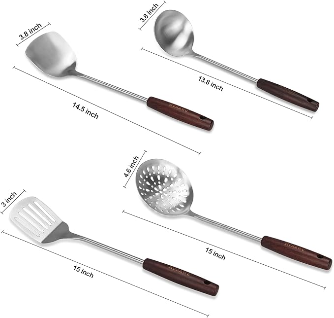 15 inch Large Spatula Slotted Turner Soup Ladle 304 Stainless Steel Wok Spatula Set Slotted Spoon for Cooking Utensils Set Long Wooden Handle Ladles Kitchen Metal Spatulas Cooking Spoons