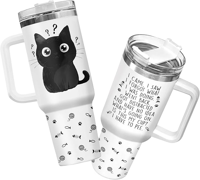 34HD Funny Black Cat Tumbler with Handle and Straw, 40oz Double Wall Vacuum Insulated Pet Mug, I Came I Saw Forgot Cup, Cat Gifts for Women Men Birthday Mothers Day Halloween Christmas