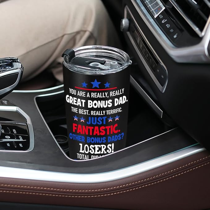 Best Bonus Dad Christmas Gift from Daughter Son Kids - Funny Birthday Gifts for Bonus Step Dad Stepdad, 20 OZ Stainless Steel Insulated Travel Coffee Tumbler Cup