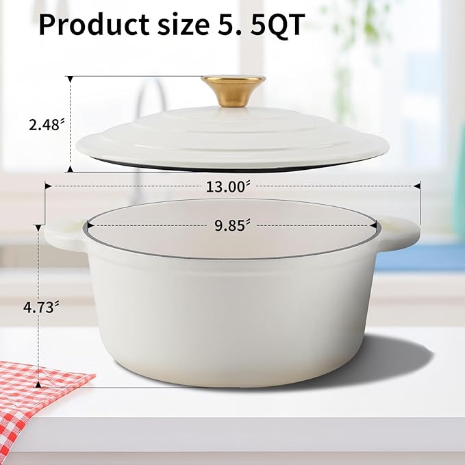 Enameled Cast Iron Dutch Oven Pot with Lid Heavy-Duty Cookware for Bread Baking,Braising,Stews,Roasting,Oven Safe up to 500°F,5.5QT,creamy white