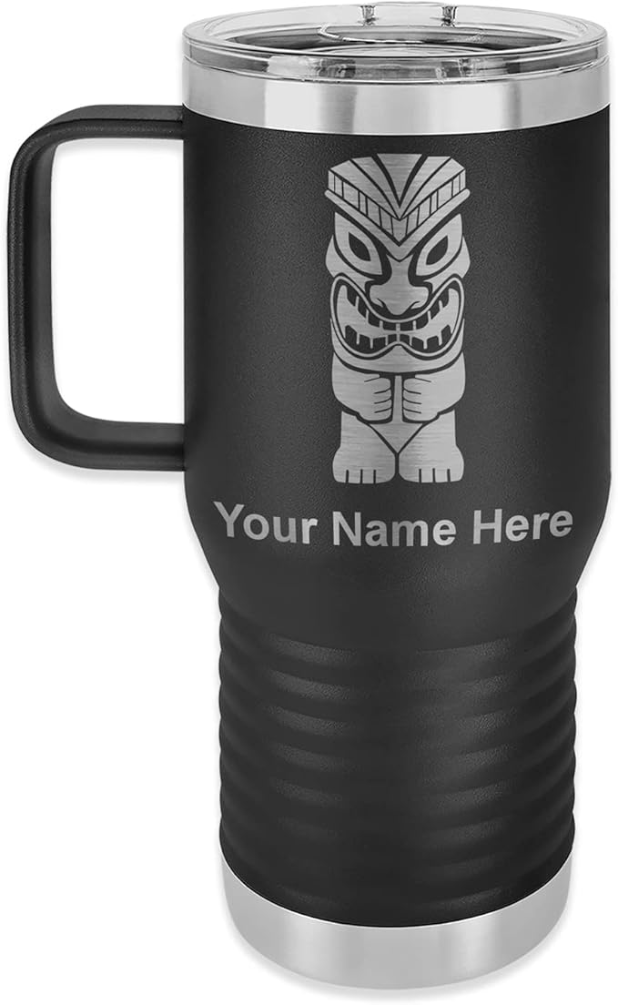 LaserGram 20oz Vacuum Insulated Travel Mug with Handle, Tiki Statue, Personalized Engraving Included (Black)