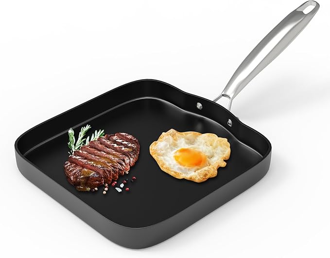 SafBbcue Square 11” Grill Pan Non-Stick Ceramic Coated, Durable Skillet Indoor & Outdoor Grilling, Oven Gas & Induction Safe, for Weber Charbroil Camp Chef Grill, Black