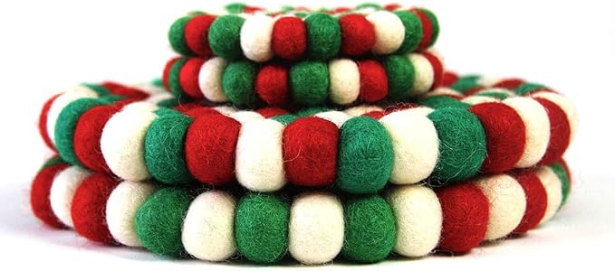 Global Crafts Hand Crafted Felt Ball Wool Trivet Mat from Nepal, 8" Round Pad Christmas