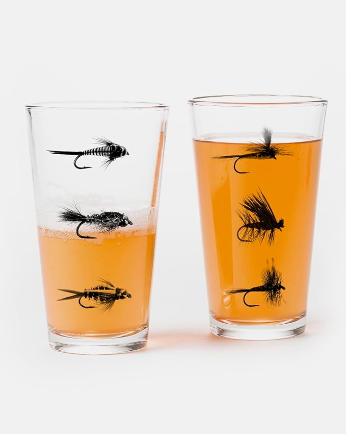 Fly Fishing Pint Glass by Black Lantern - One 16oz. Fly Fishiing Flies Beer Glass - 16oz. Capacity