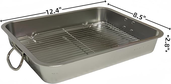 Generic Roasting Pan Stainless steel Roasting pan Turkey Roasting pan with grill Rectangular grill suitable for Turkey, roast chicken and ham (12.4x8.5x2.8in), Silver