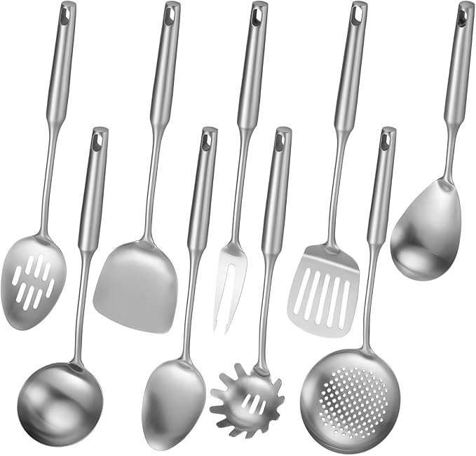 9 PCS Stainless Steel Cooking Utensils, Kitchen Serving Utensil with Long Handle & Hanging Hole, Skimmer, Ladle, Spatula, Slotted Spoon, Pasta Server, Meat Fork, Dishwasher Safe