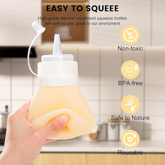 Condiment Squeeze Bottles, 12 oz Silicone Squeeze Bottles For Sauces, Leak Proof Condiment Containers with Extra Interchangeable lid, Easy Squeeze for Oil, Honey & Dressings, BPA FREE (4 Pack)
