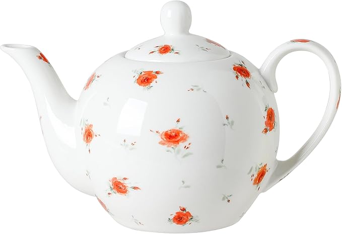 30oz Porcelain Teapot (4 Cups) - Elegant Floral Ceramic Tea Pot with Vibrant Roses, Ideal for Loose Leaf & Bagged Tea, Dishwasher Safe