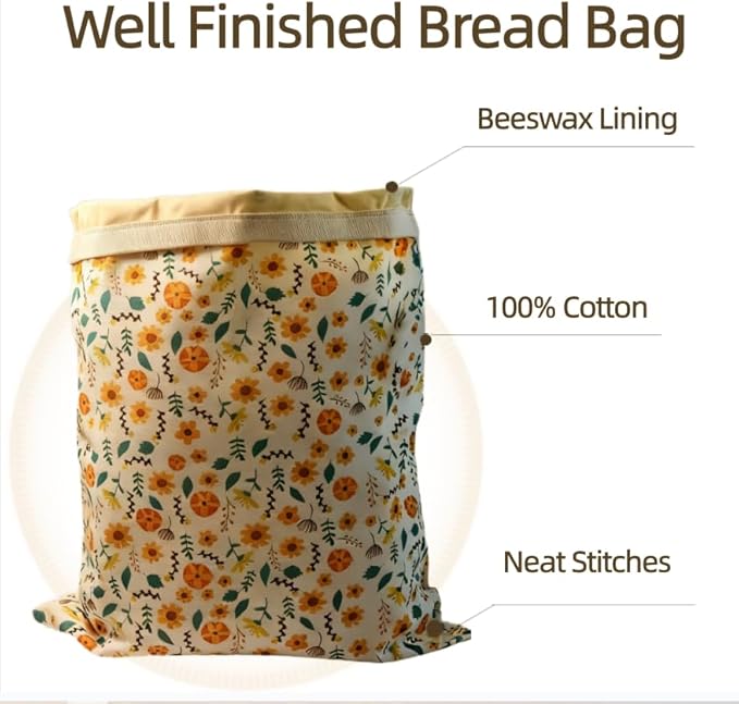 Reusable Beeswax Bread Bags for Homemade Bread Sourdough Loaf 17in x12.9in Large Beeswax Storage Bags farmhouse bread box Cotton Linen Bag 2 Pack Portable Bread Containers (Flower design)