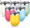 12oz/6 Pack Stainless Steel Wine Tumbler with Lid and Straw, Double Wall Vacuum Insulated Wine Tumbler Glasses, Stemless Travel Mugs for Hot and Cold Drinks, Coffee, Wine, Cocktails（Mix Color-1）