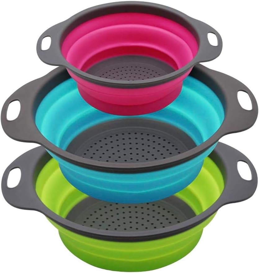 New and improved- Set of 3 Niklye Ultimate Kitchen Strainers—1×10” & 2×12” Collapsible Silicone Colanders. Now more durable and robust for everyday use with pasta, veggies, fruit & more.