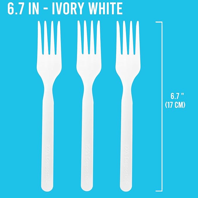 Compostable Forks 250 Count, 7 In Large Disposable Biodegradable Flatware, Eco Friendly Durable Heat Resistant Alternative Cutlery Eating Utensils Silverware to Plastic Forks, BPI Certified