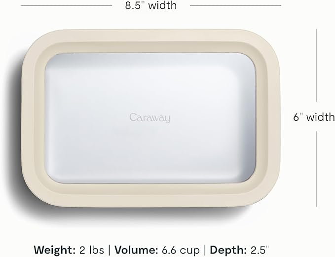 Caraway Glass Food Storage - 6.6 Cup Glass Container - Ceramic Coated Food Container - Non Stick Lunch Box Container with Lids - Dishwasher, Oven, & Microwave Safe - Cream