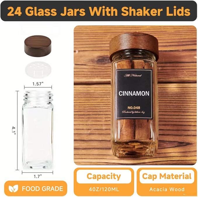 Wooden Lid Magnetic Spice Rack with 24 Jars, 216 Labels, 1 Steel Funnel for Refrigerator，Microwave Oven - Full Set of Spice Organizer