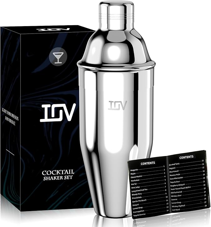 IOV Cocktail Shaker, 24 oz Martini Shaker, Drink Mixer with Built-in Strainer, Professional Stainless Steel Margarita Alcohol Shakers with Cocktail Recipe Guide, Bartender Kit Gifts