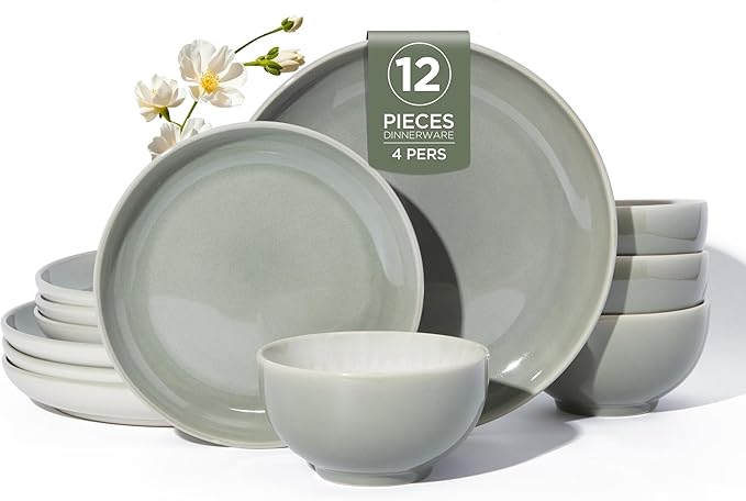 Stoneware Dinnerware Sets, Ceramic Plates and Bowls Set, Microwave & Dishwasher Safe Kitchen Dish Set, Modern Dinner Salad Plates | Cereal Bowls for 4, Dishware Sets Gray Green