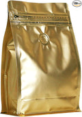 150 Pack High Barrier Stand-Up Coffee Bean Bags with Vented Valve, Matte Metallic, Heat-Sealable and Resealable Solid Color Pouches for Food Storage (6 * 12.8 inch,2 lb,32 oz,Golden)