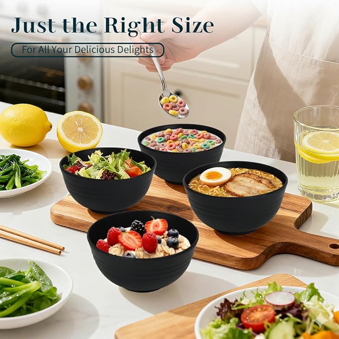 Cereal Bowls 26 OZ, Unbreakable Wheat Straw Bowl 8 PCS, Reusable Plastic Bowl Set, Microwave and Dishwasher Safe Kitchen bowls for Serving, Dinner, Soup, Snack, Fruit - Black