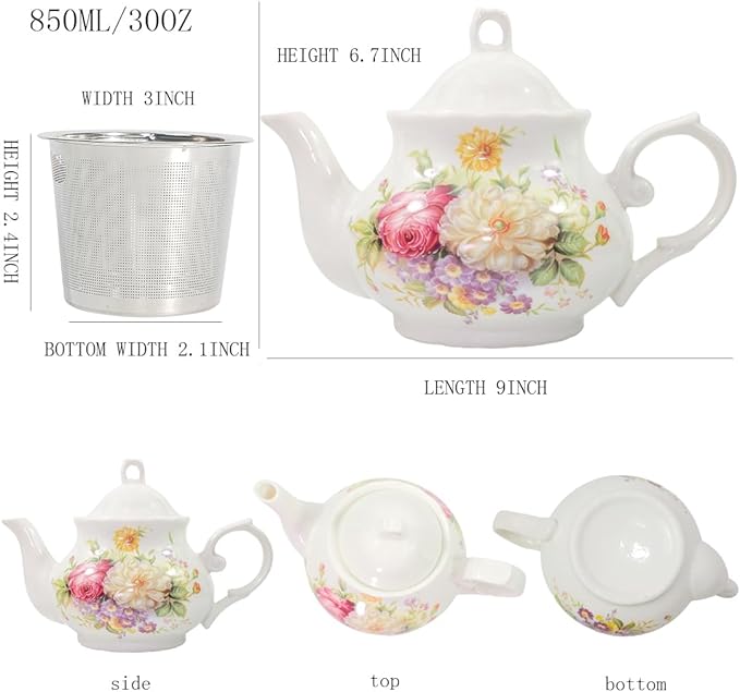 Classic Vintage British Royal Style Ceramic Teapot, 30OZ Large Teapot Perfect for Everyday Gatherings (White, Large)