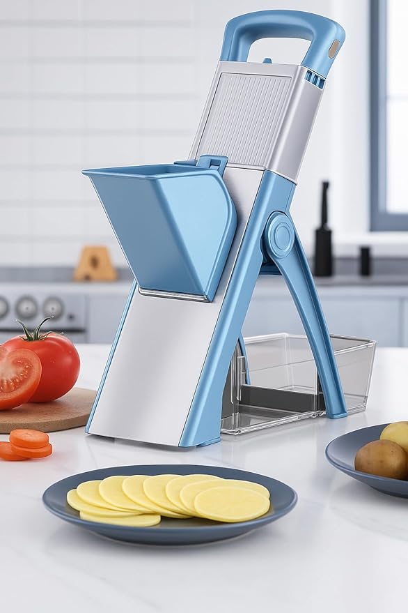 tainless Steel Mandoline Slicer for Vegetables – Adjustable Thickness, Non-Slip Base, Hand-Guard, Food Cutter with Container
