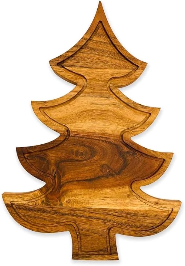 Christmas Tree Cutting Chopping Board for Kitchen with Grooves, Charcuterie Wooden Serving Tray for Cheese Serving Platter Christmas Gift 33L x 22.9W cm Natural Wood Brown
