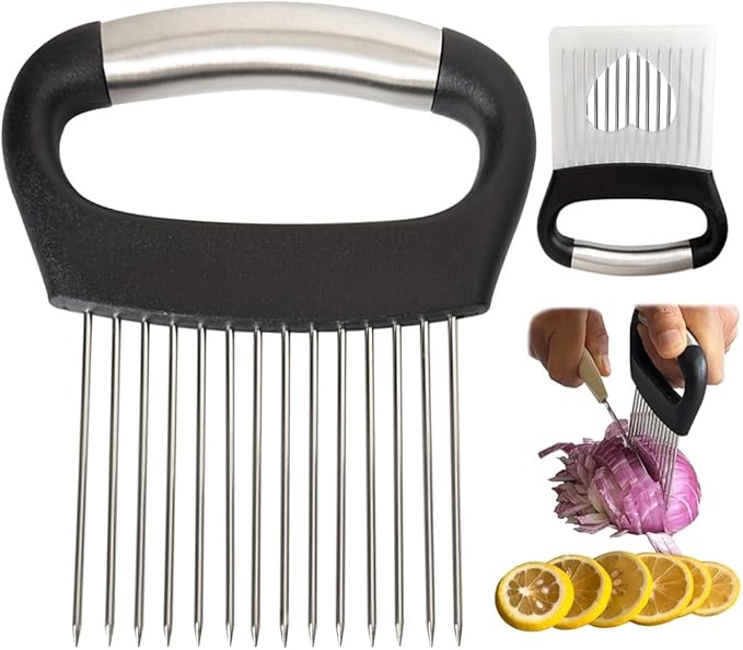 Large Onion Holder for Slicing,Stainless Steel Food Slice Holder,Kitchen Chopper Assistant Tool for Vegetable Slicers,Fruit Cutters,Meat Tenderizers,Home Kitchen Tool with Protective Cover (Black)